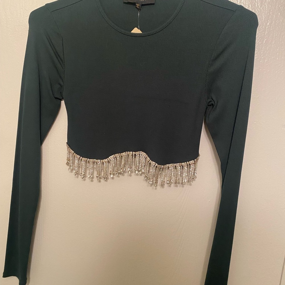 Green Long Sleeve Crop Top with Beaded Fringe